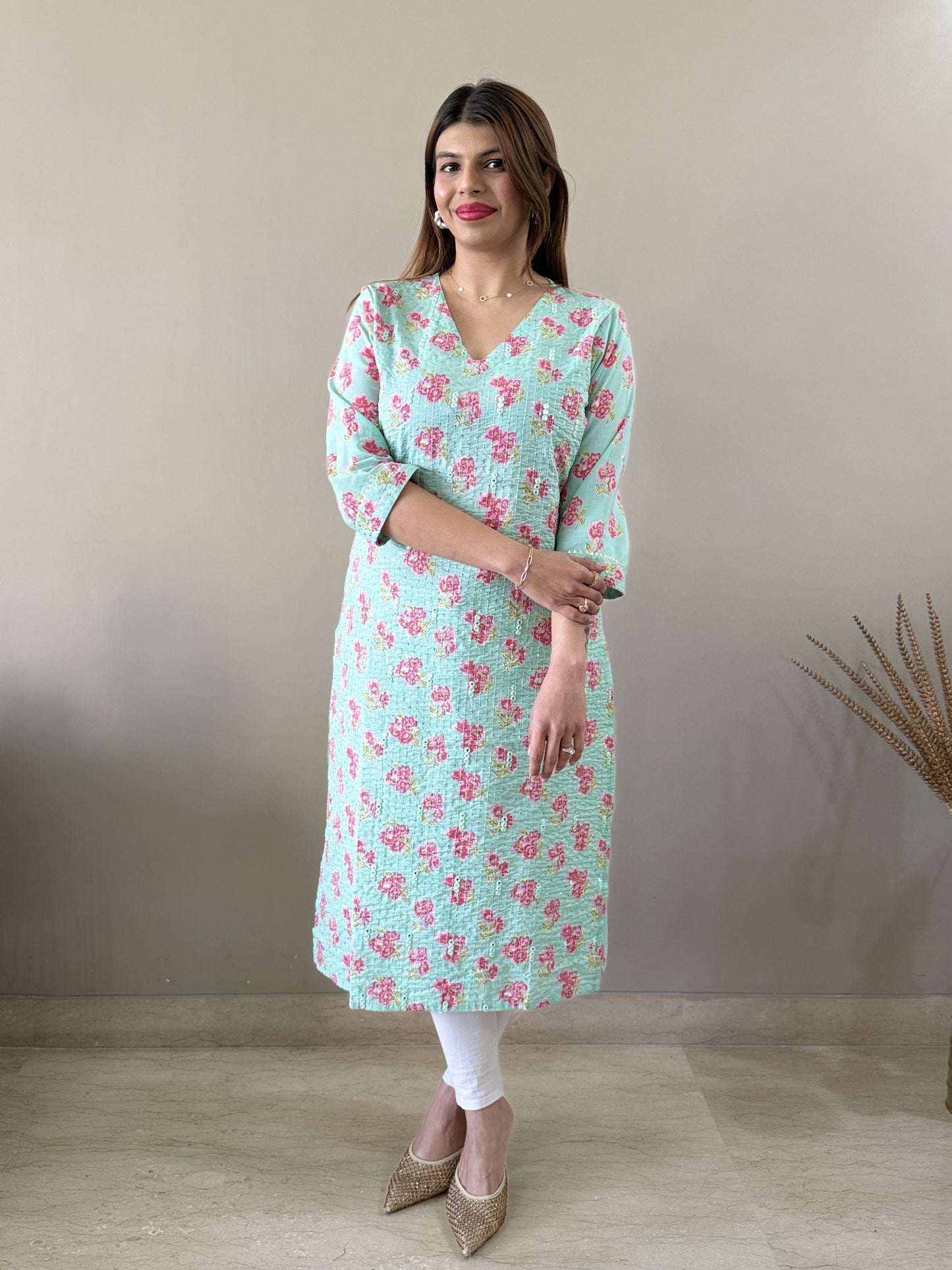 V neck floral kurti - Teal