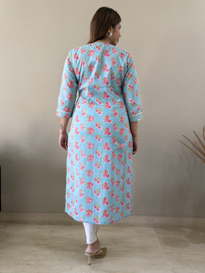 V neck floral kurti - Blue