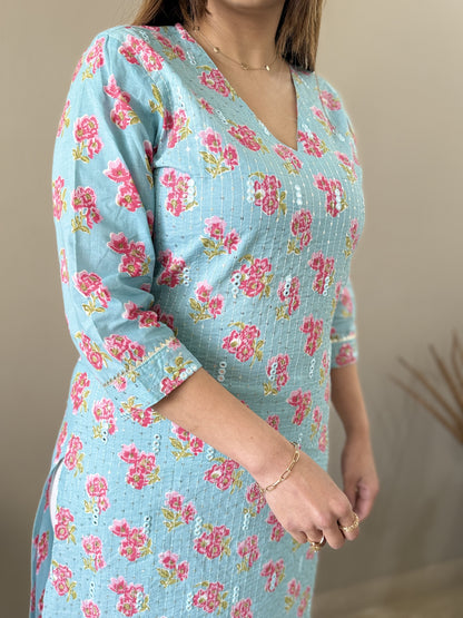 V neck floral kurti - Blue