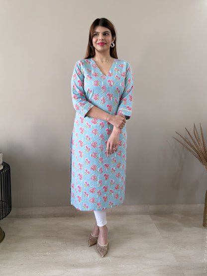 V neck floral kurti - Blue