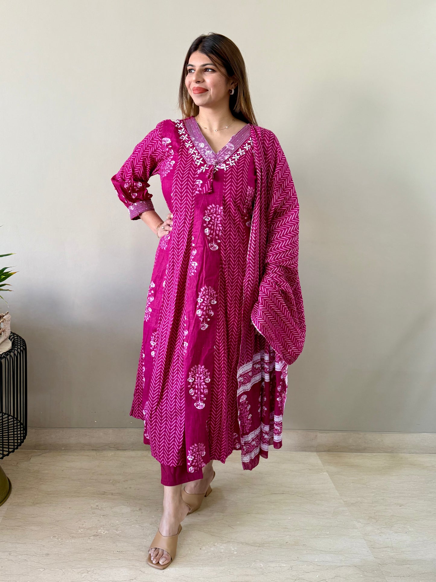 Magenta Cotton V Neck 3 piece suit set