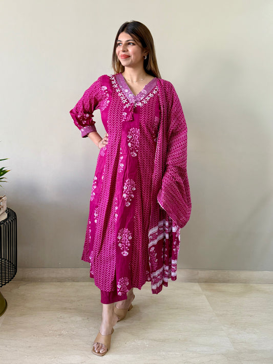 Magenta Cotton V Neck 3 piece suit set