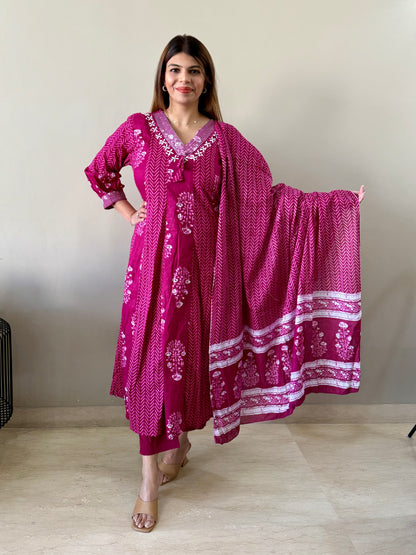 Magenta Cotton V Neck 3 piece suit set