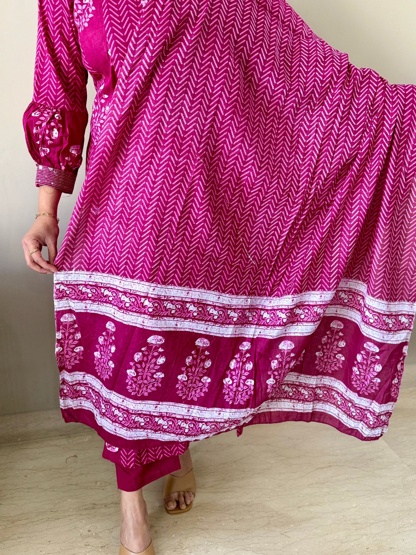 Magenta Cotton V Neck 3 piece suit set