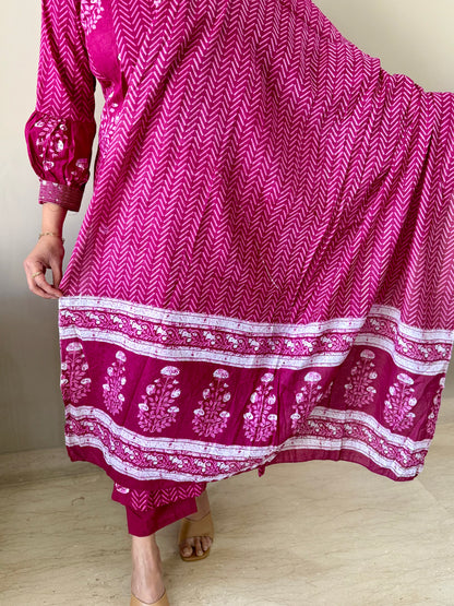 Magenta Cotton V Neck 3 piece suit set