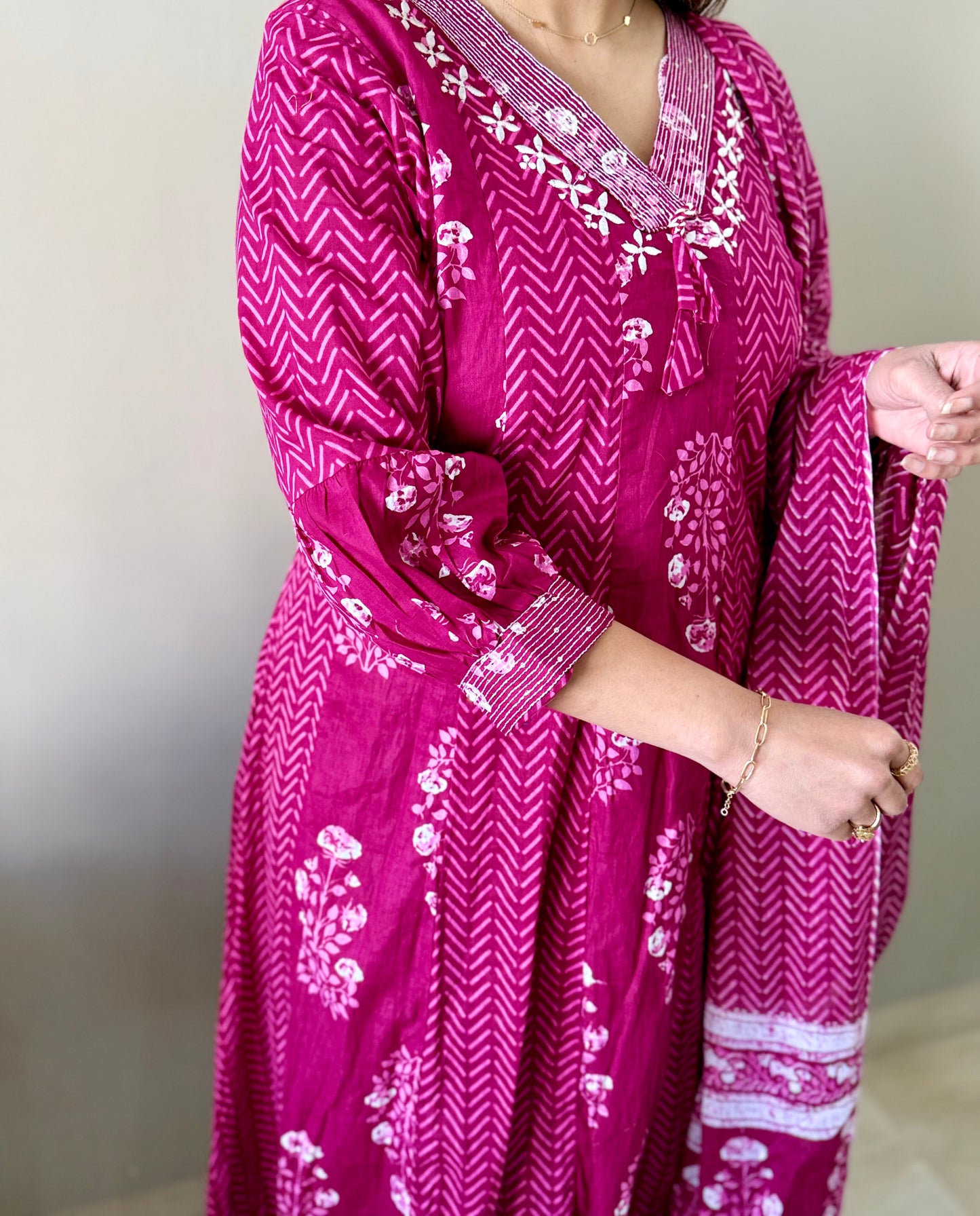 Magenta Cotton V Neck 3 piece suit set