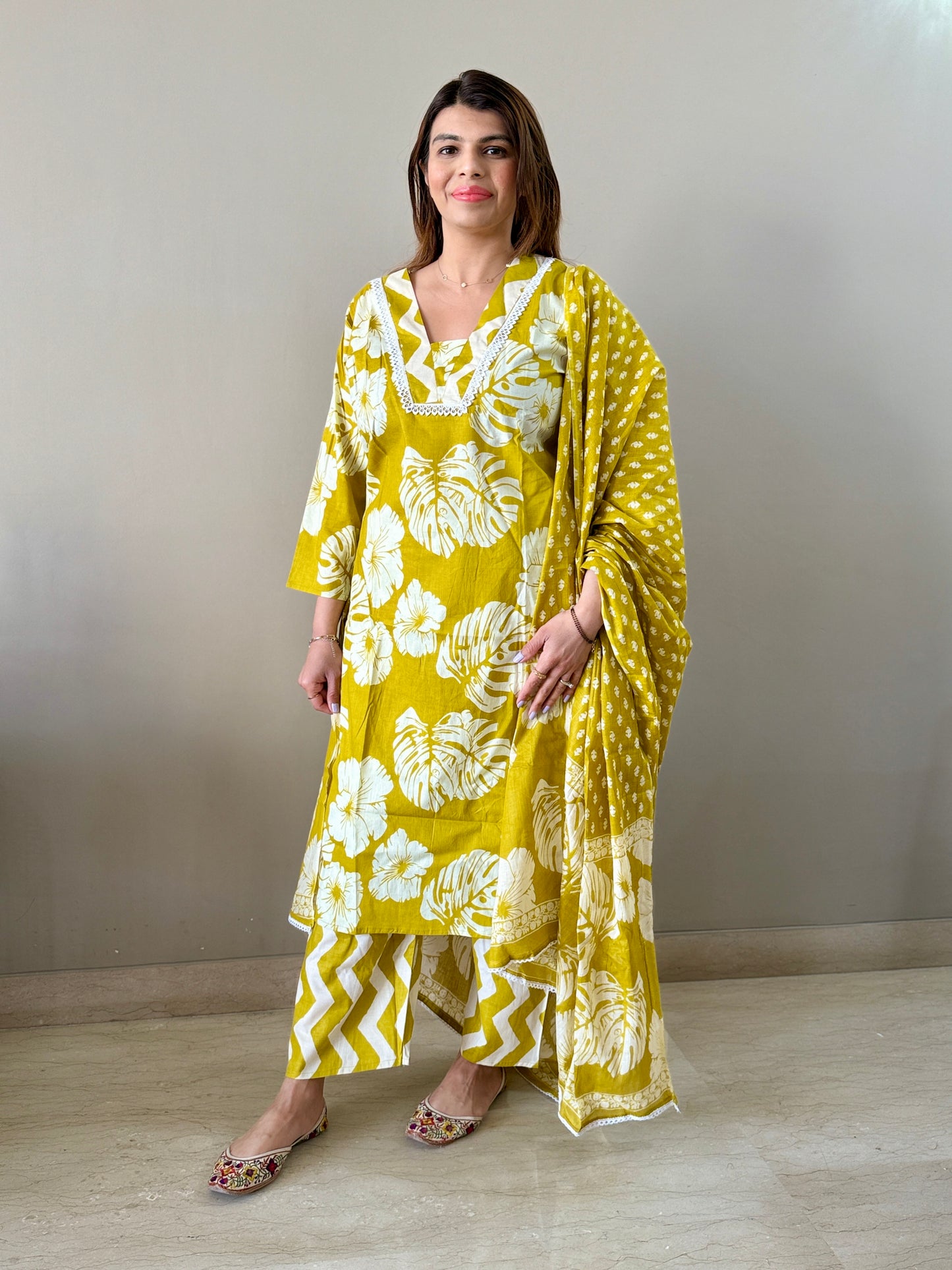 Mustard Floral Printed Cotton Suit Set