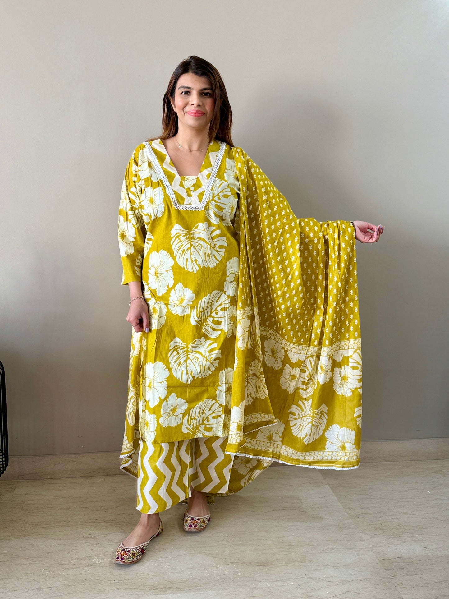 Mustard Floral Printed Cotton Suit Set