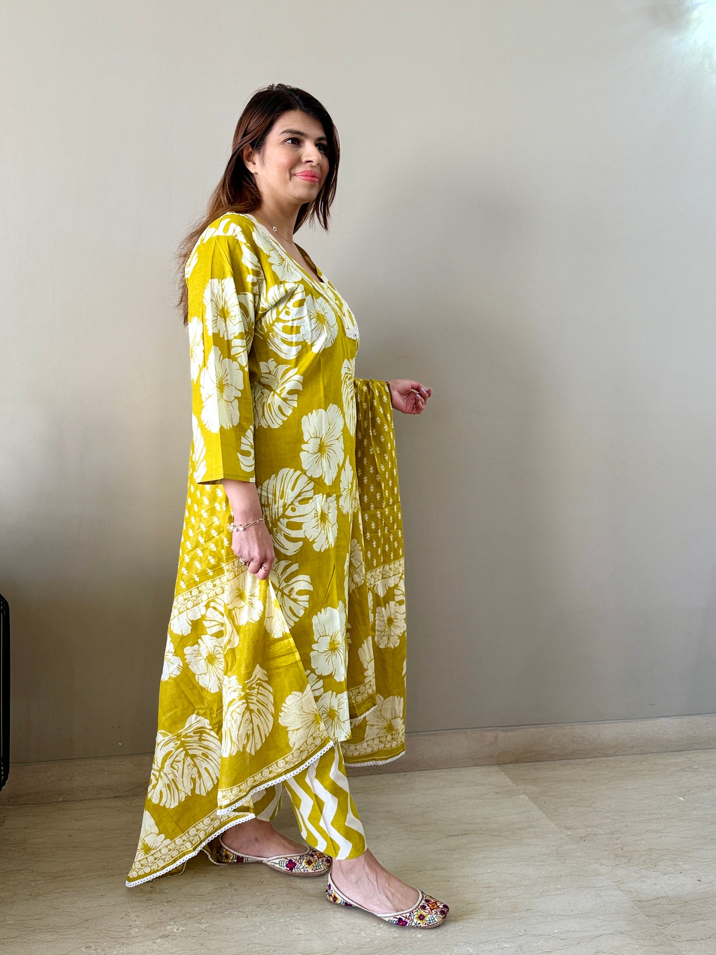 Mustard Floral Printed Cotton Suit Set