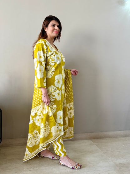 Mustard Floral Printed Cotton Suit Set