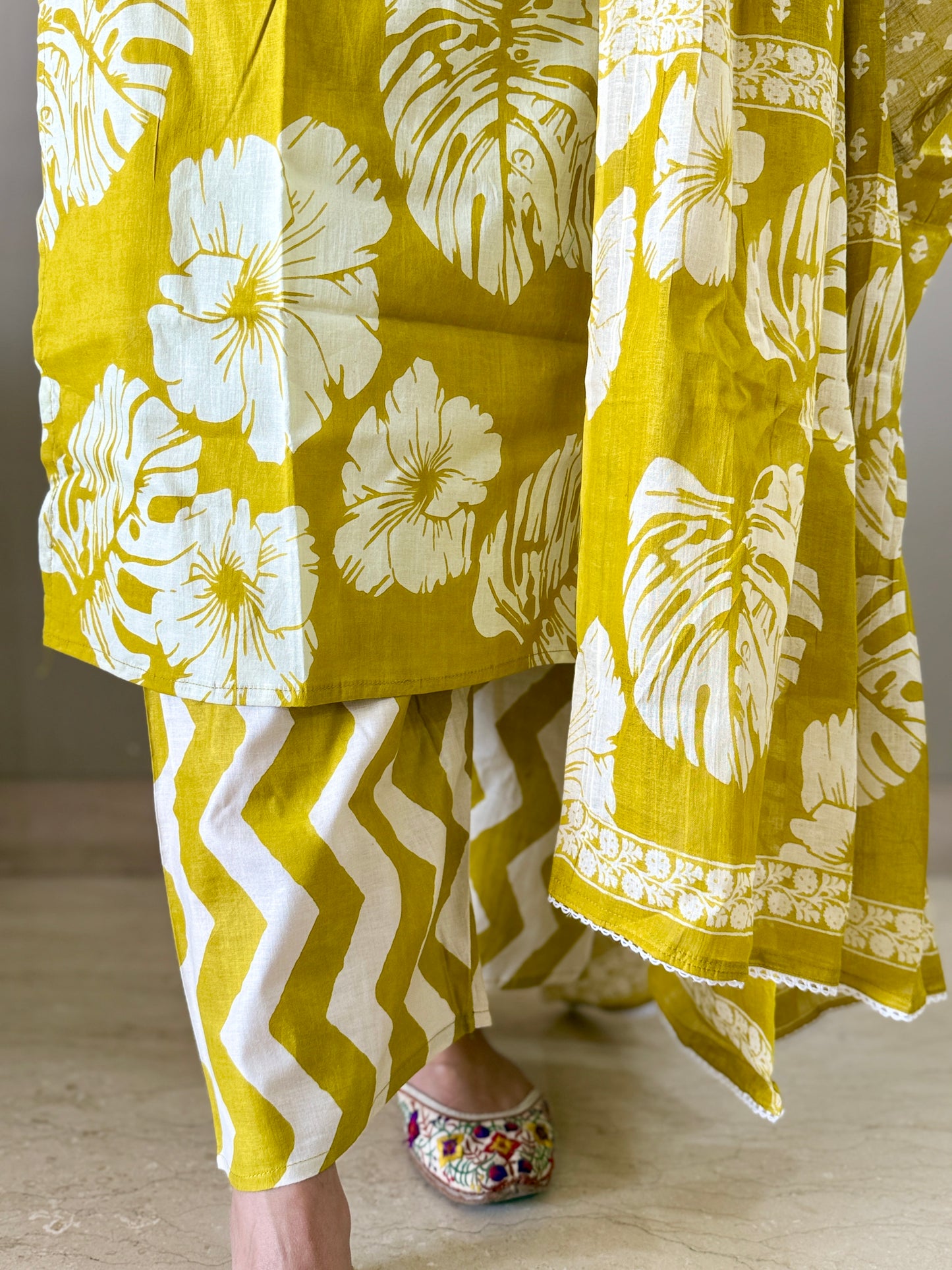 Mustard Floral Printed Cotton Suit Set