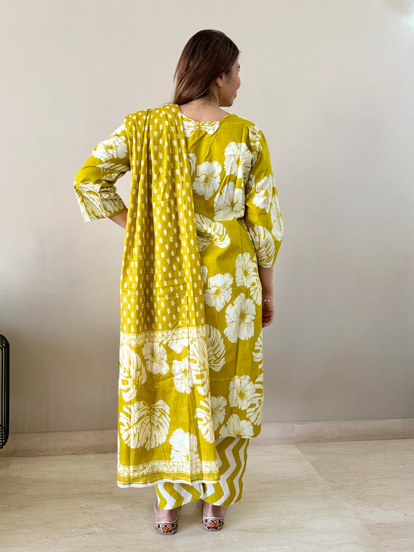 Mustard Floral Printed Cotton Suit Set