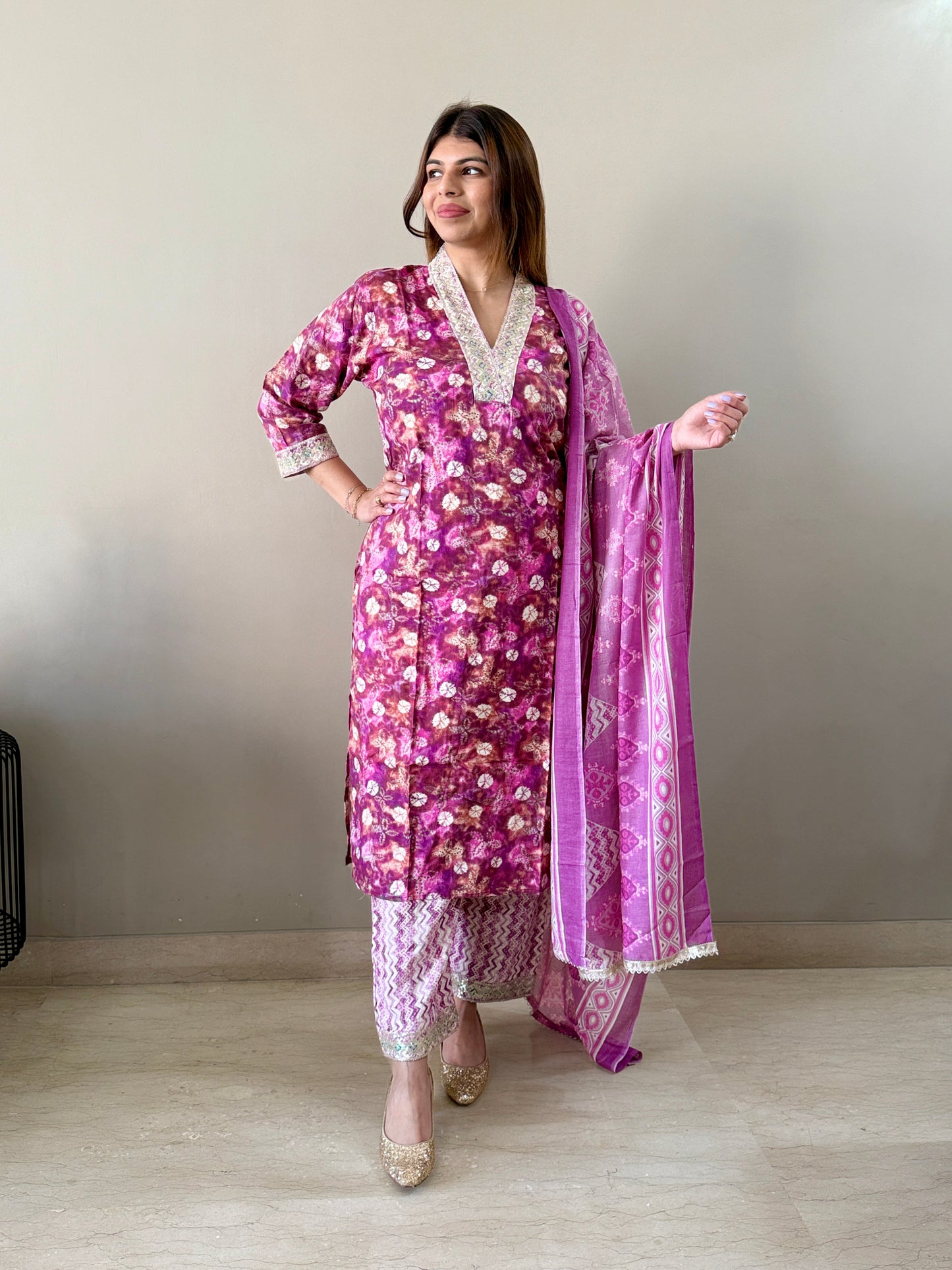Purple Embellished V-Neck 3-Piece Suit Set