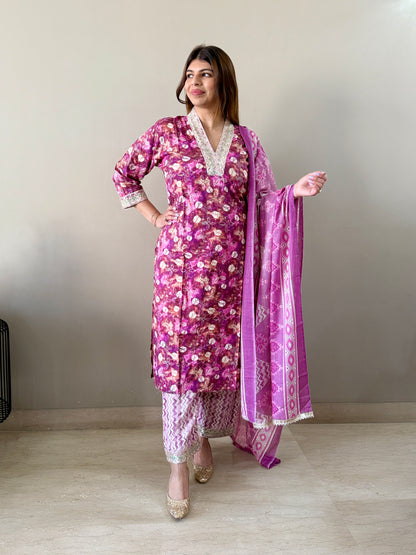 Purple Embellished V-Neck 3-Piece Suit Set
