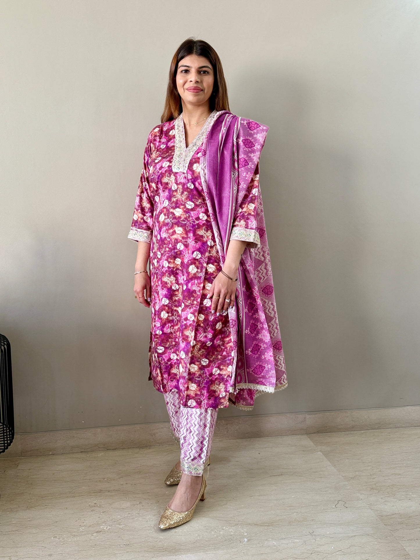 Purple Embellished V-Neck 3-Piece Suit Set