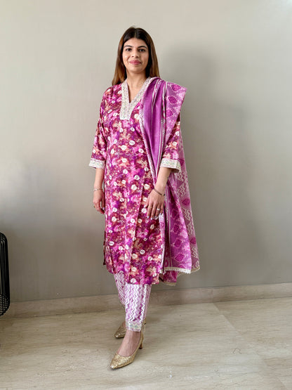 Purple Embellished V-Neck 3-Piece Suit Set