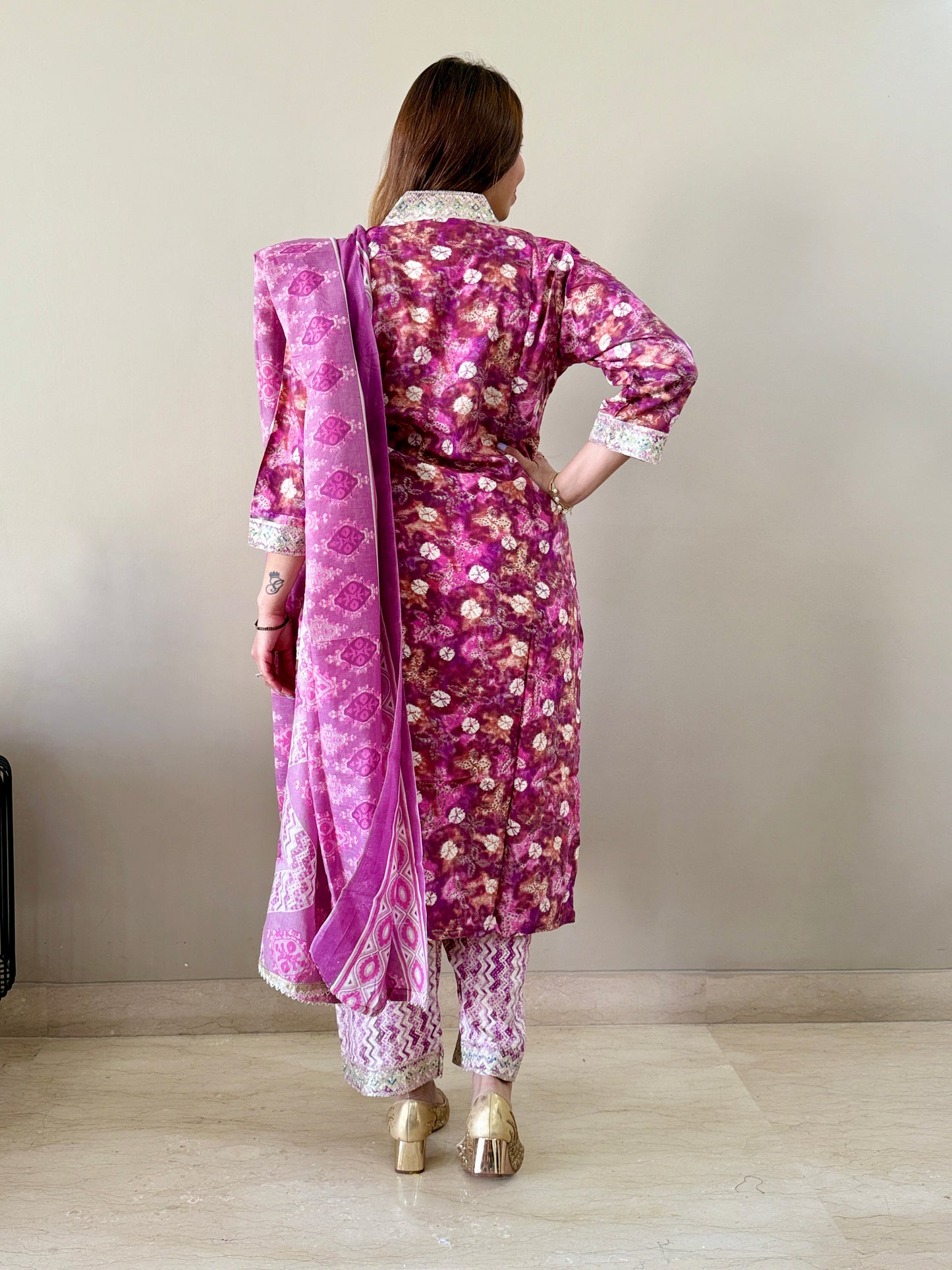 Purple Embellished V-Neck 3-Piece Suit Set