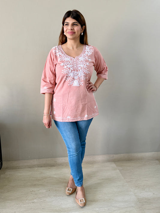 Cotton Peach Chikankari Short Kurti