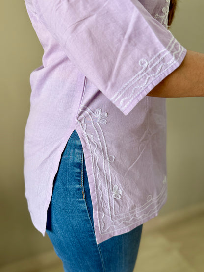Lilac Cotton Chikankari Short Kurti