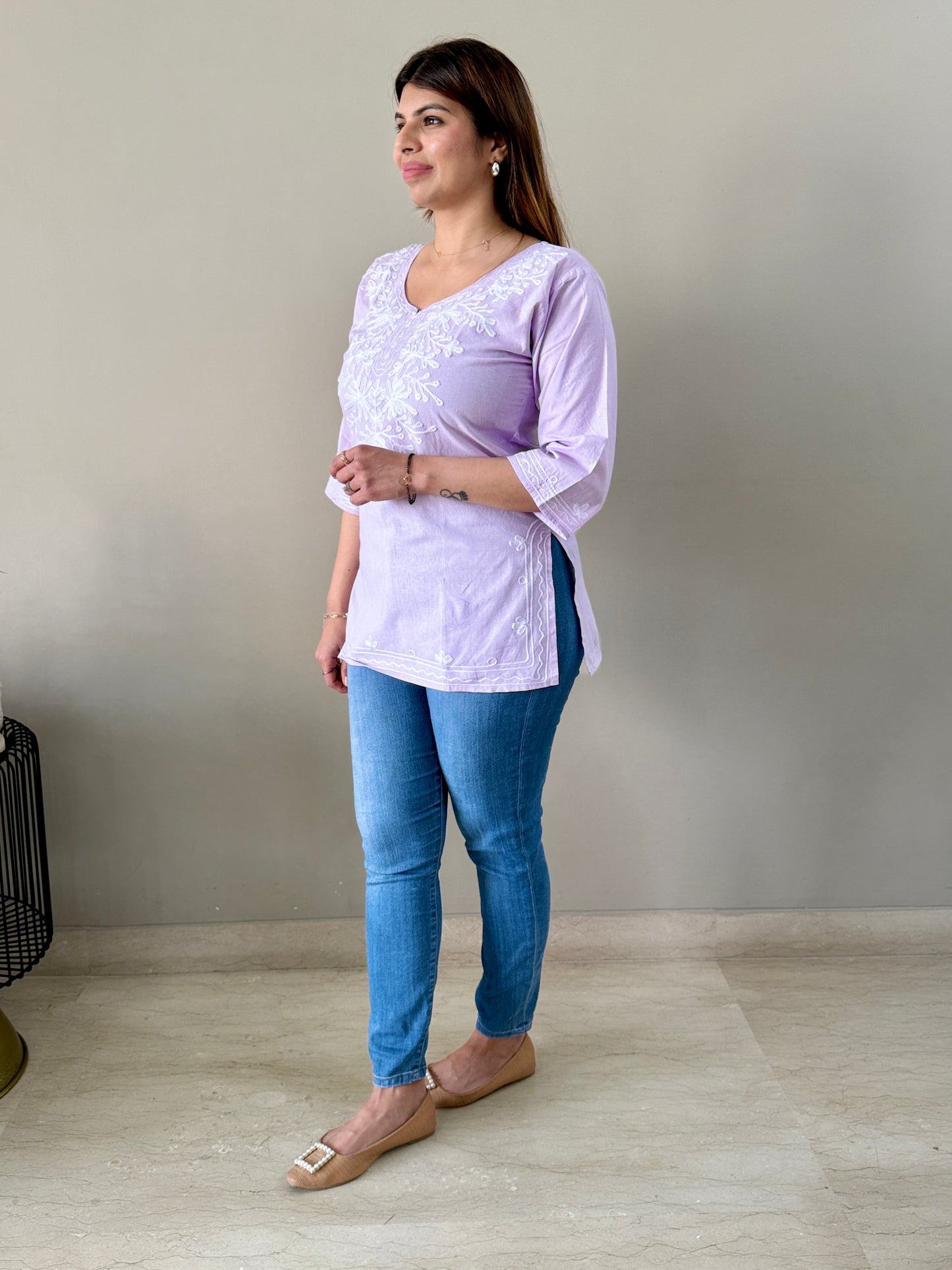 Lilac Cotton Chikankari Short Kurti
