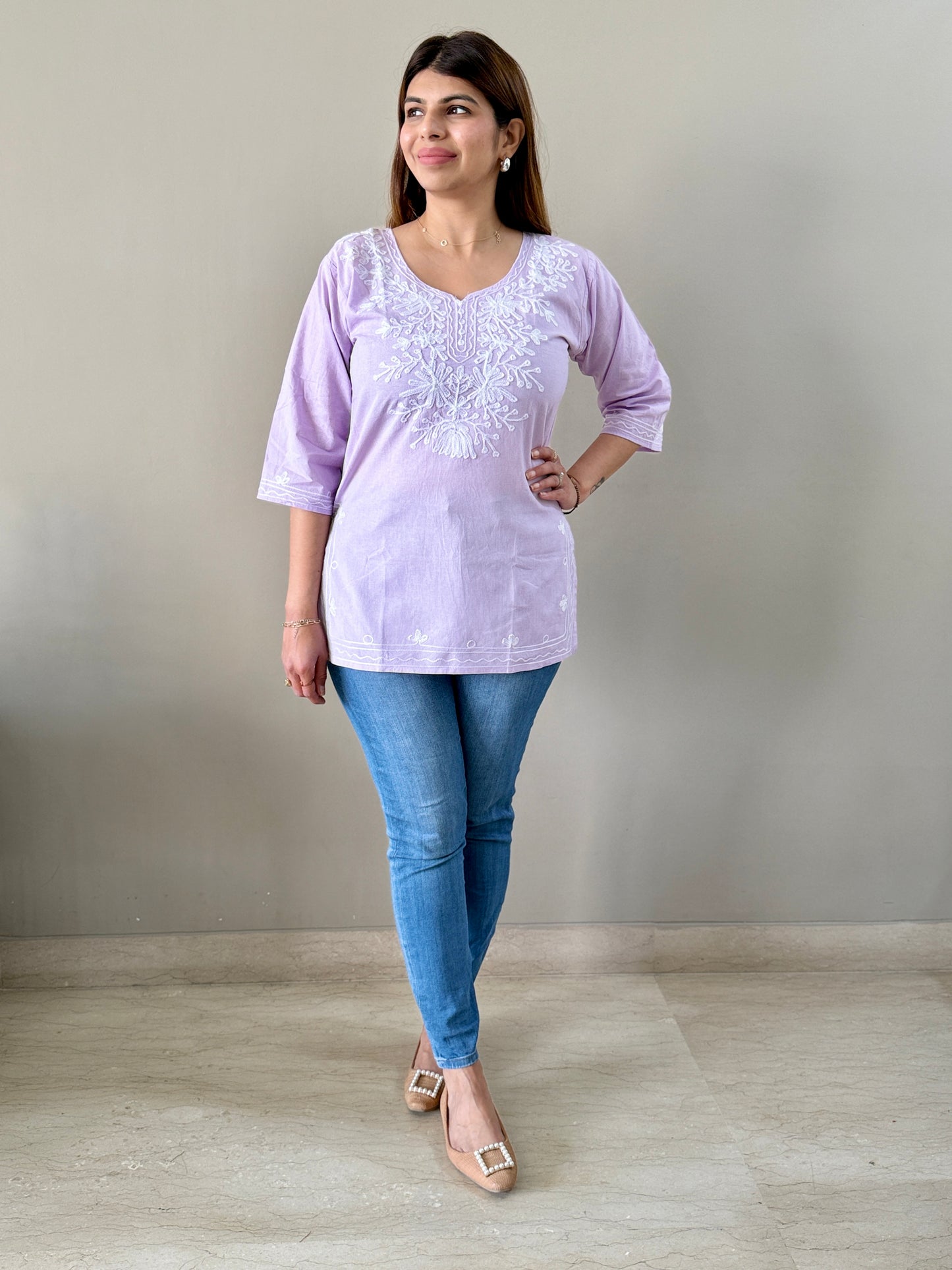 Lilac Cotton Chikankari Short Kurti