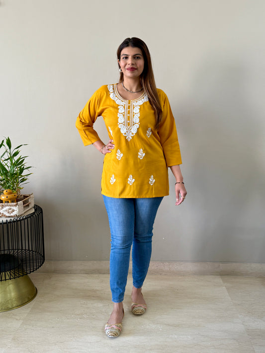 Mustard Rayon Chikankari Short Kurti