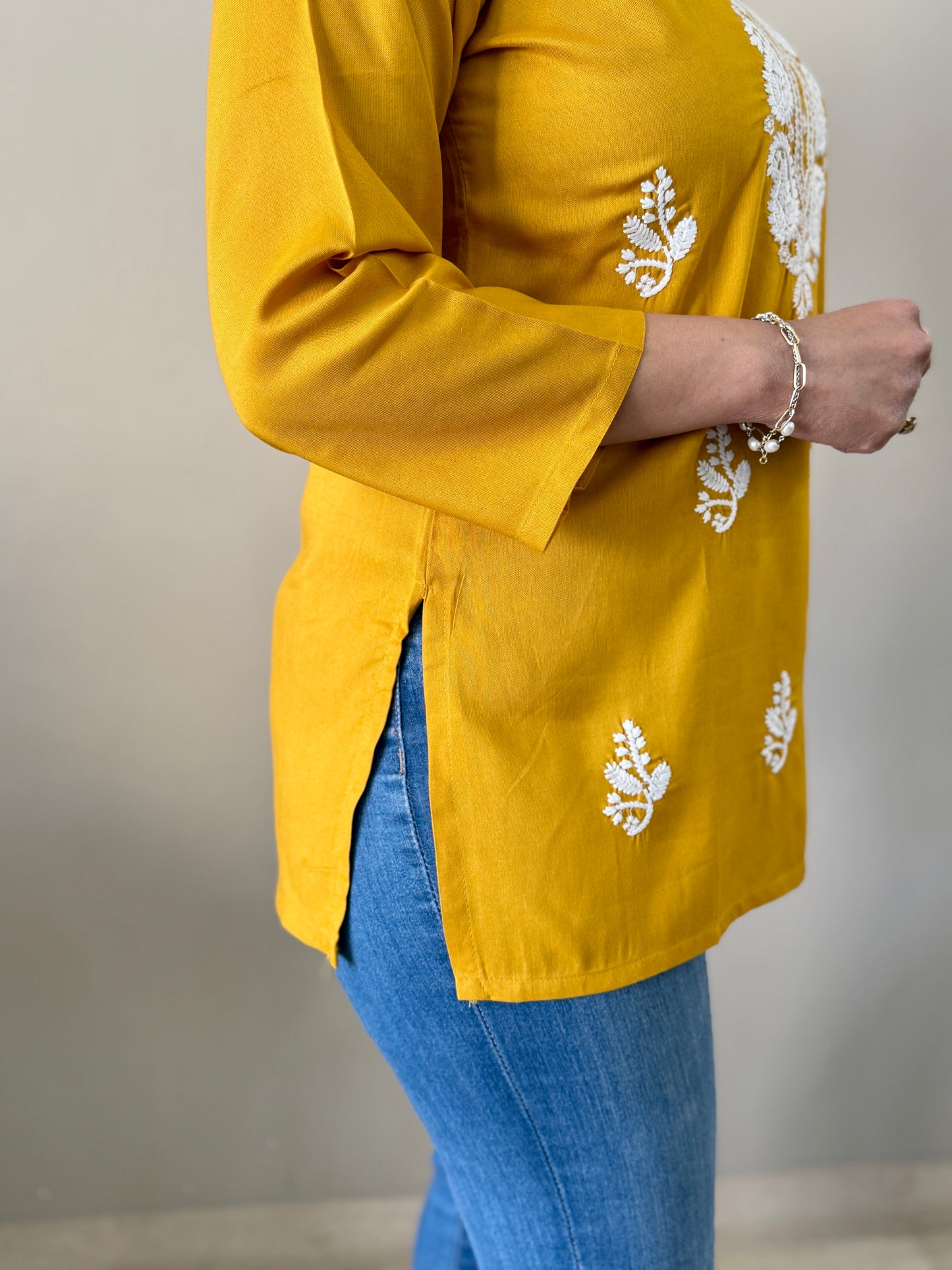 Mustard Rayon Chikankari Short Kurti