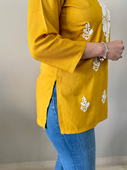 Mustard Rayon Chikankari Short Kurti