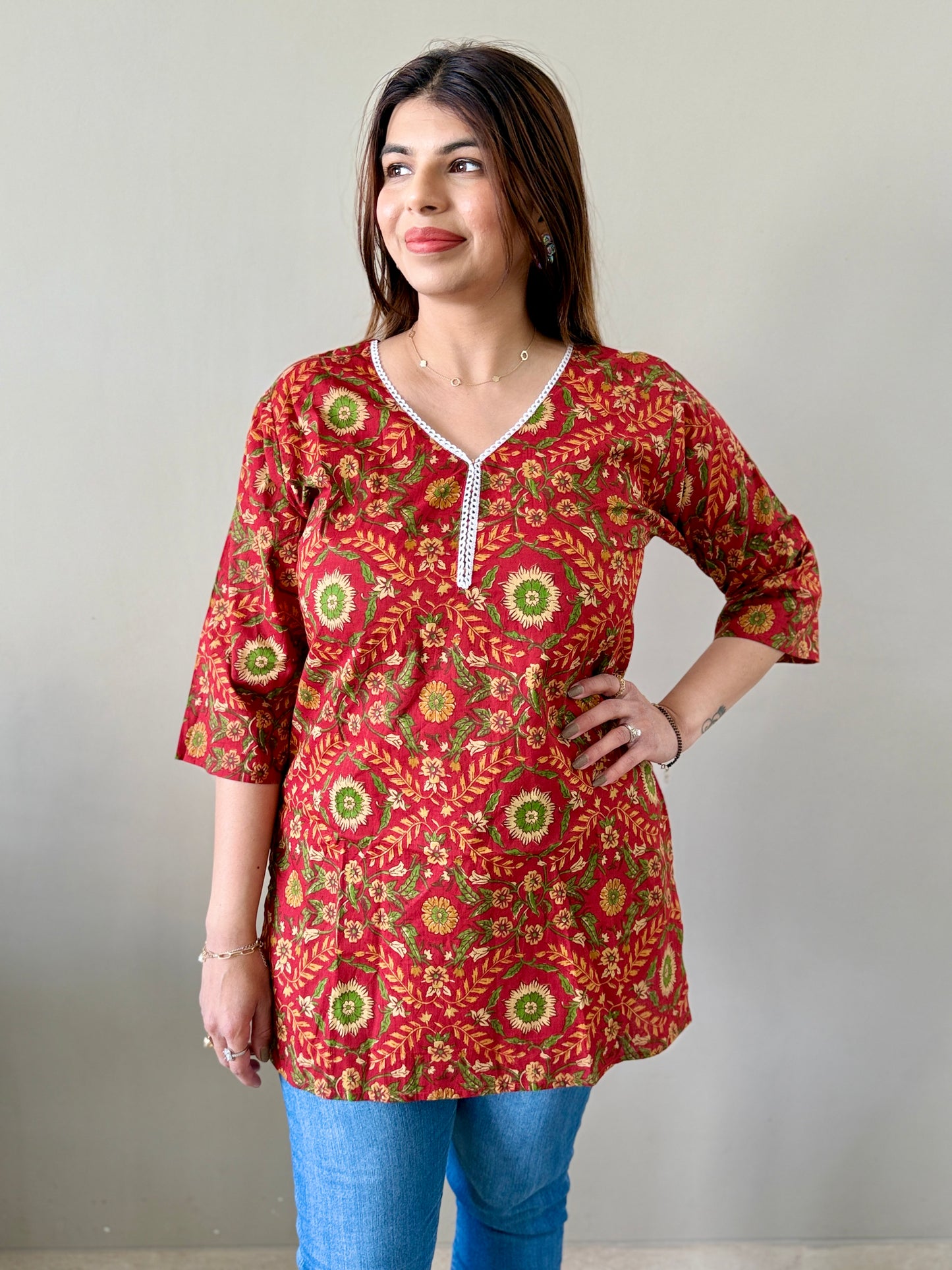 Red Floral Cotton Short Kurti