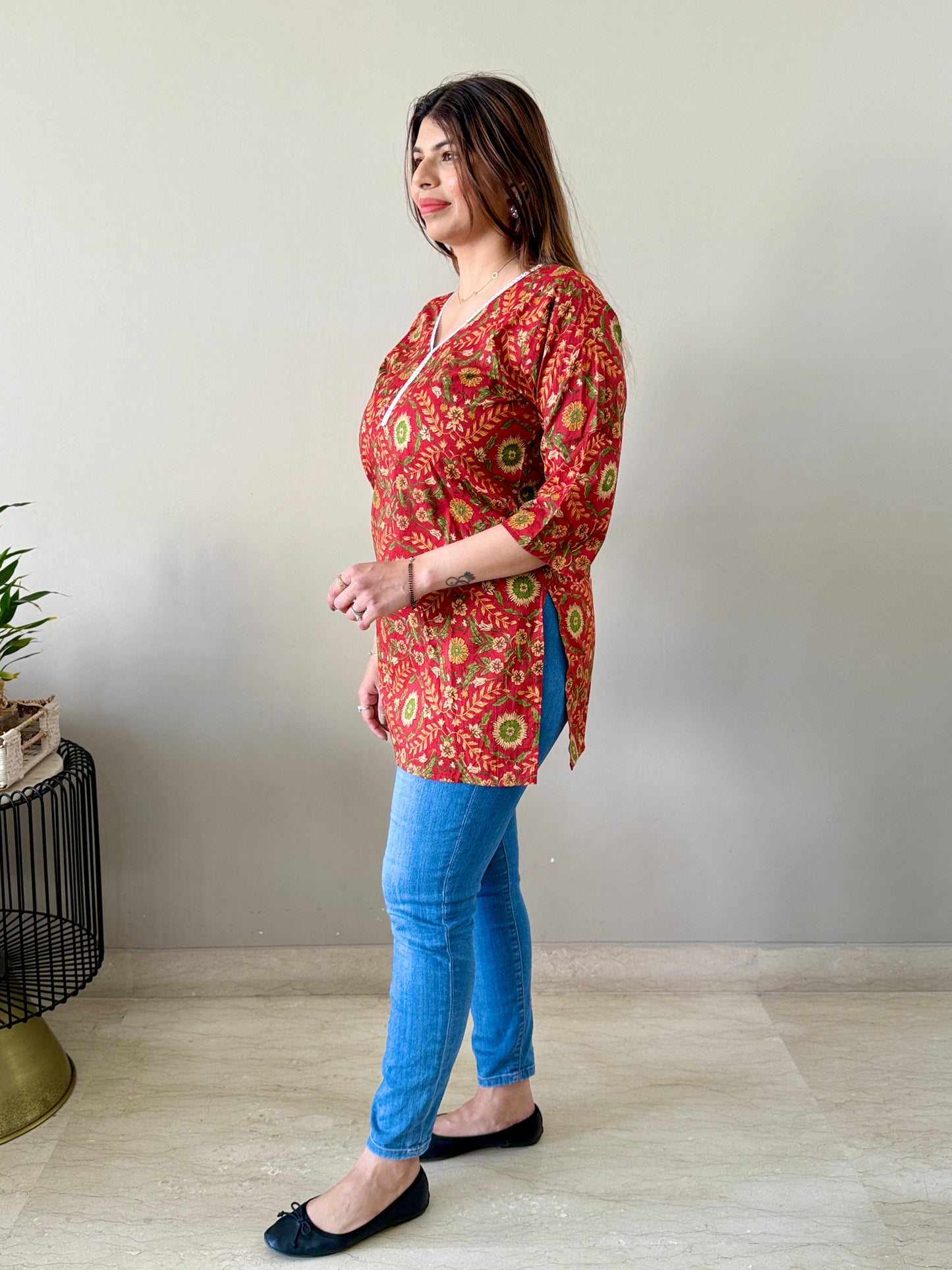 Red Floral Cotton Short Kurti
