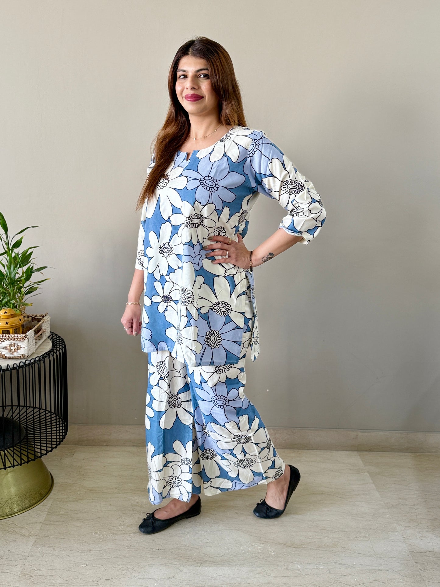 Blue Floral Rayon Coord Set with Palazzo