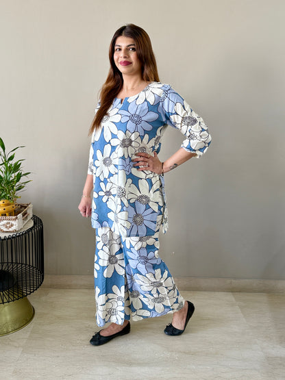 Blue Floral Rayon Coord Set with Palazzo