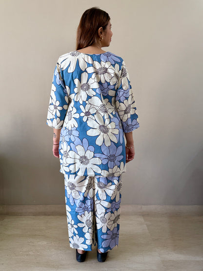 Blue Floral Rayon Coord Set with Palazzo