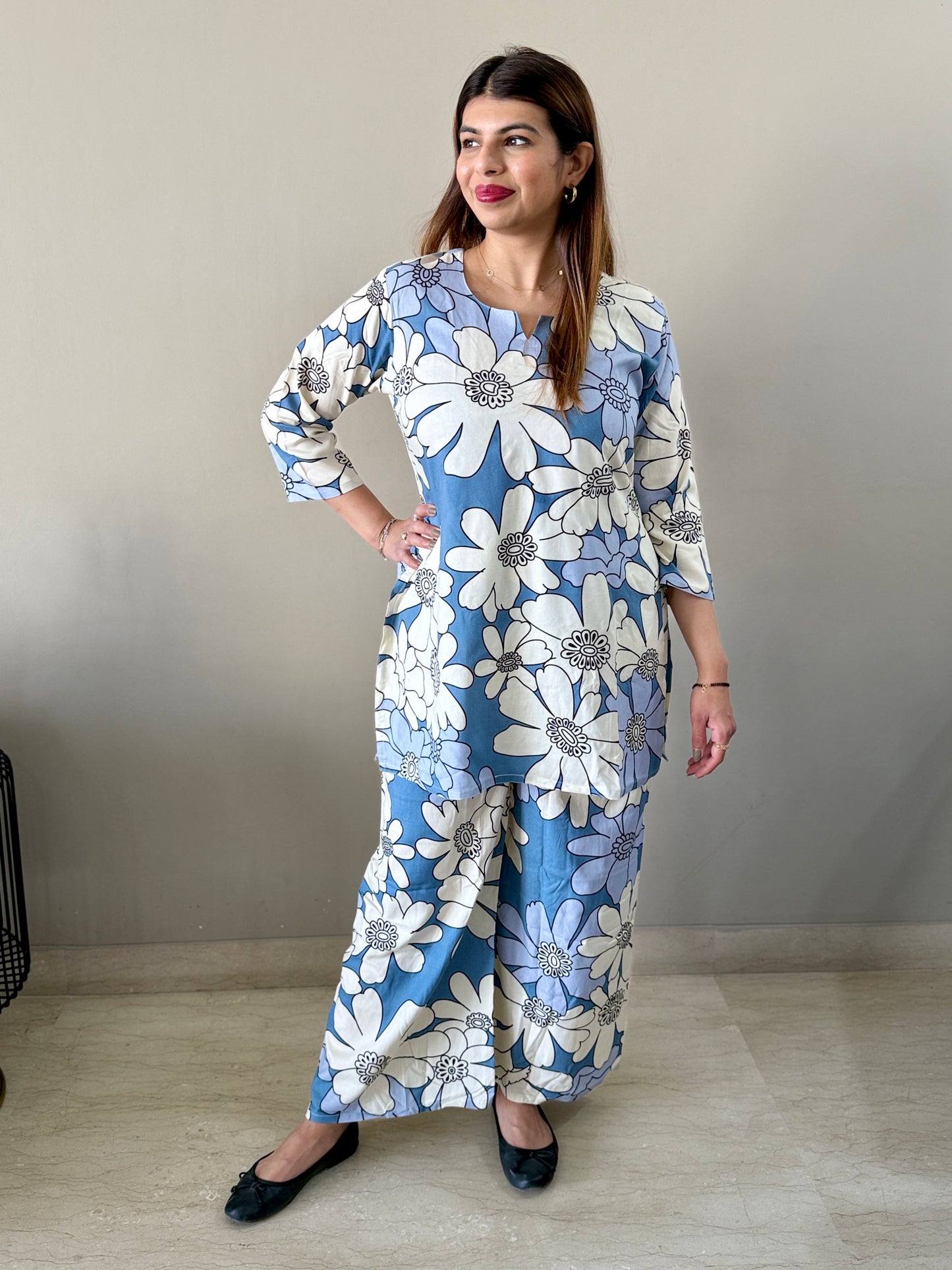 Blue Floral Rayon Coord Set with Palazzo