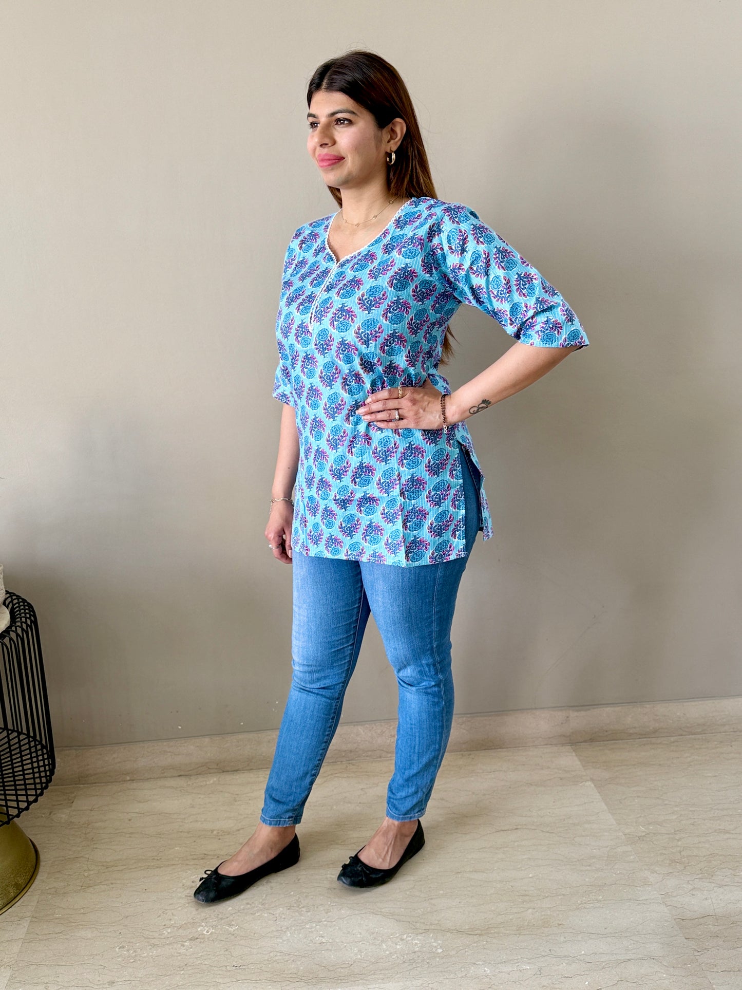 Cotton Blue Floral Short Kurti