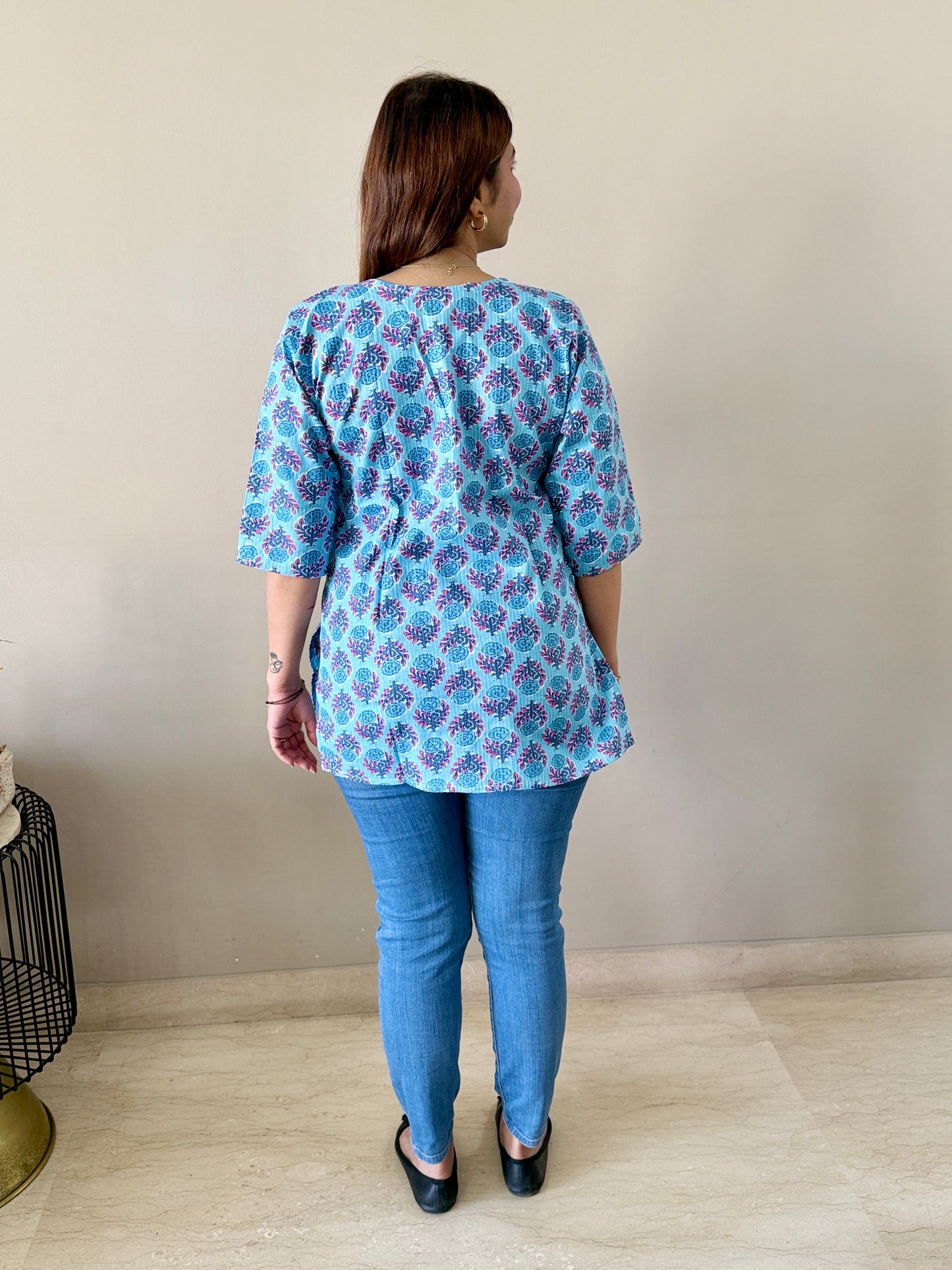 Cotton Blue Floral Short Kurti