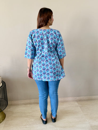 Cotton Blue Floral Short Kurti