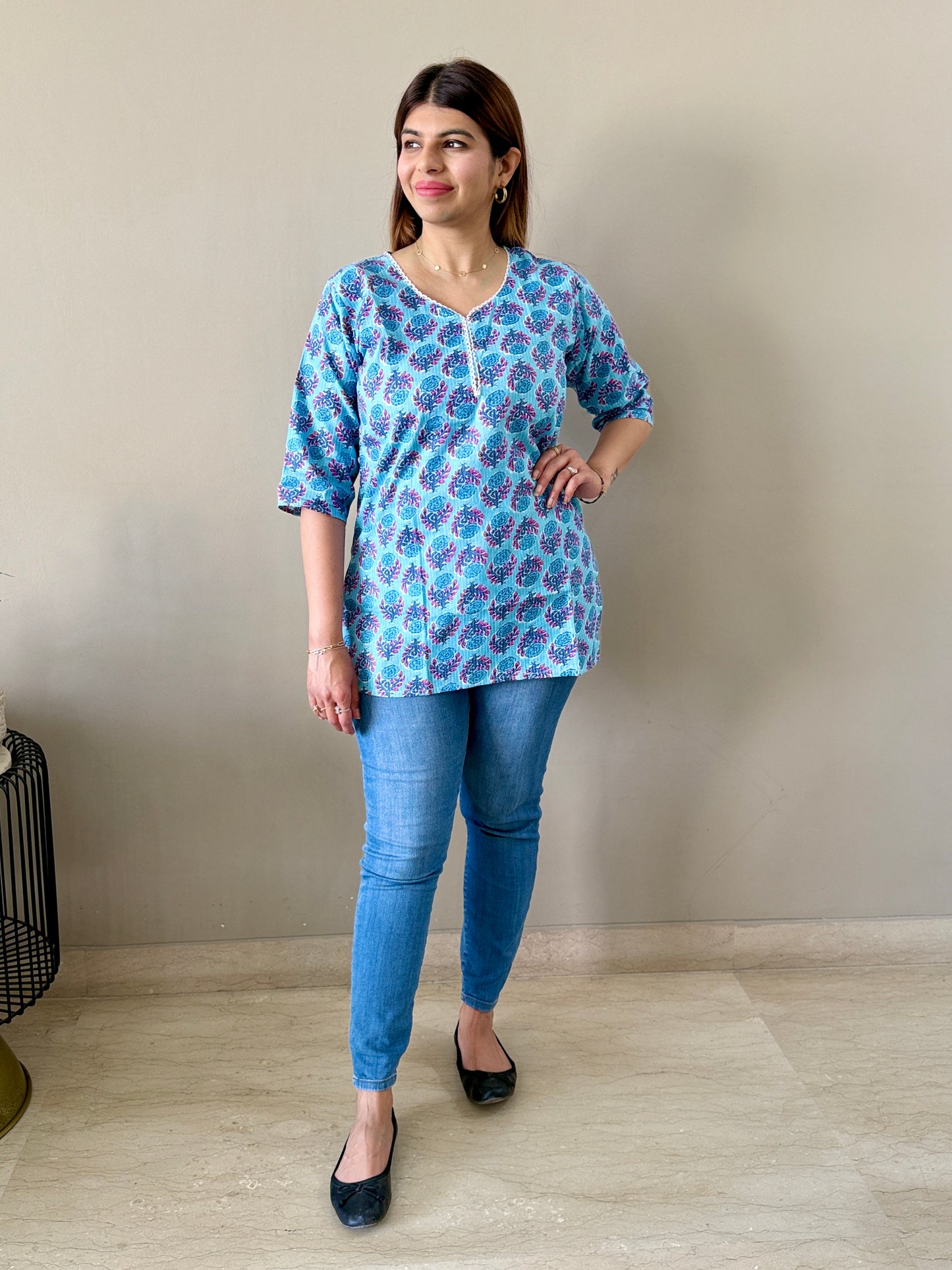 Cotton Blue Floral Short Kurti