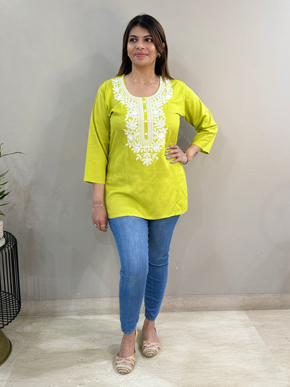 Lime Green Rayon Chikankari Short Kurti