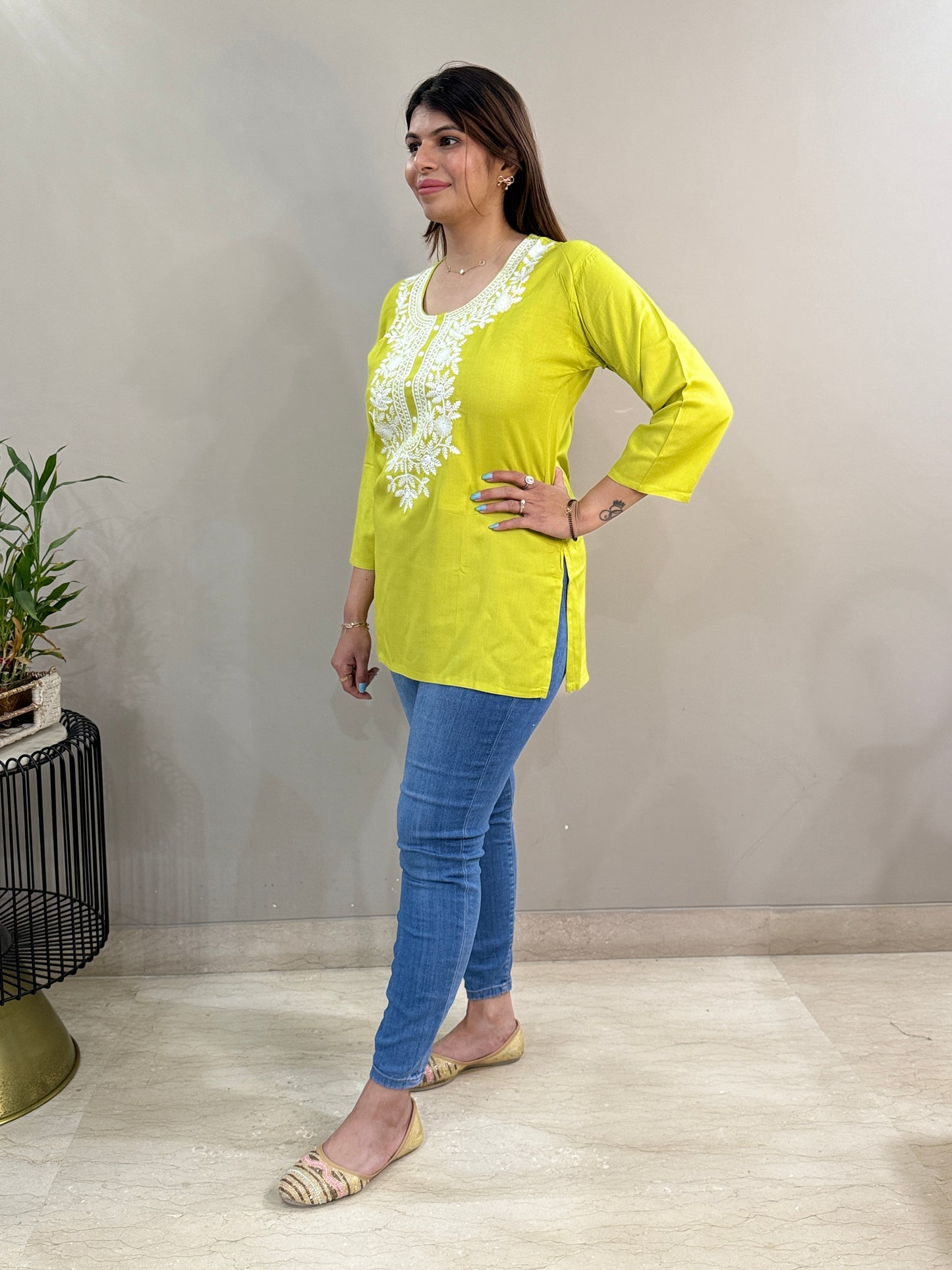 Lime Green Rayon Chikankari Short Kurti