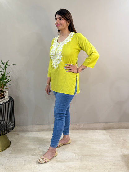 Lime Green Rayon Chikankari Short Kurti