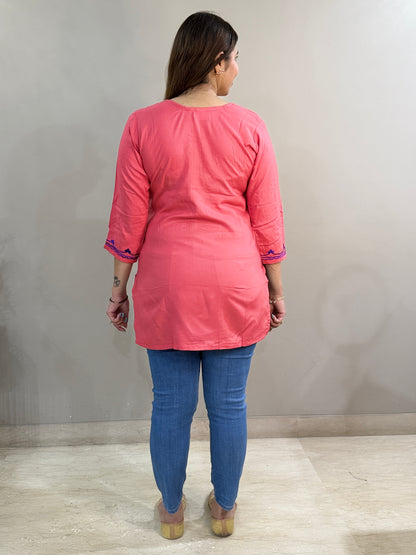 Salmon Embroidered Rayon Short Kurti