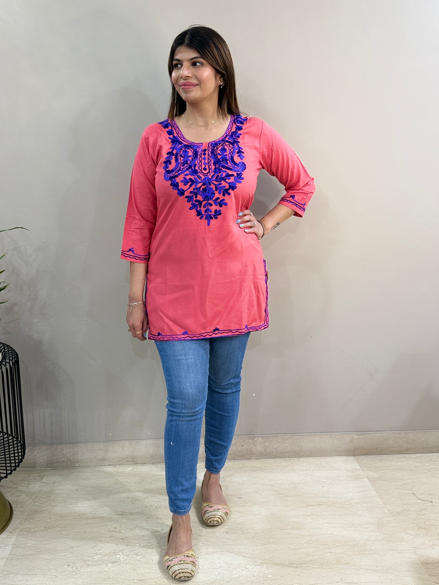 Salmon Embroidered Rayon Short Kurti
