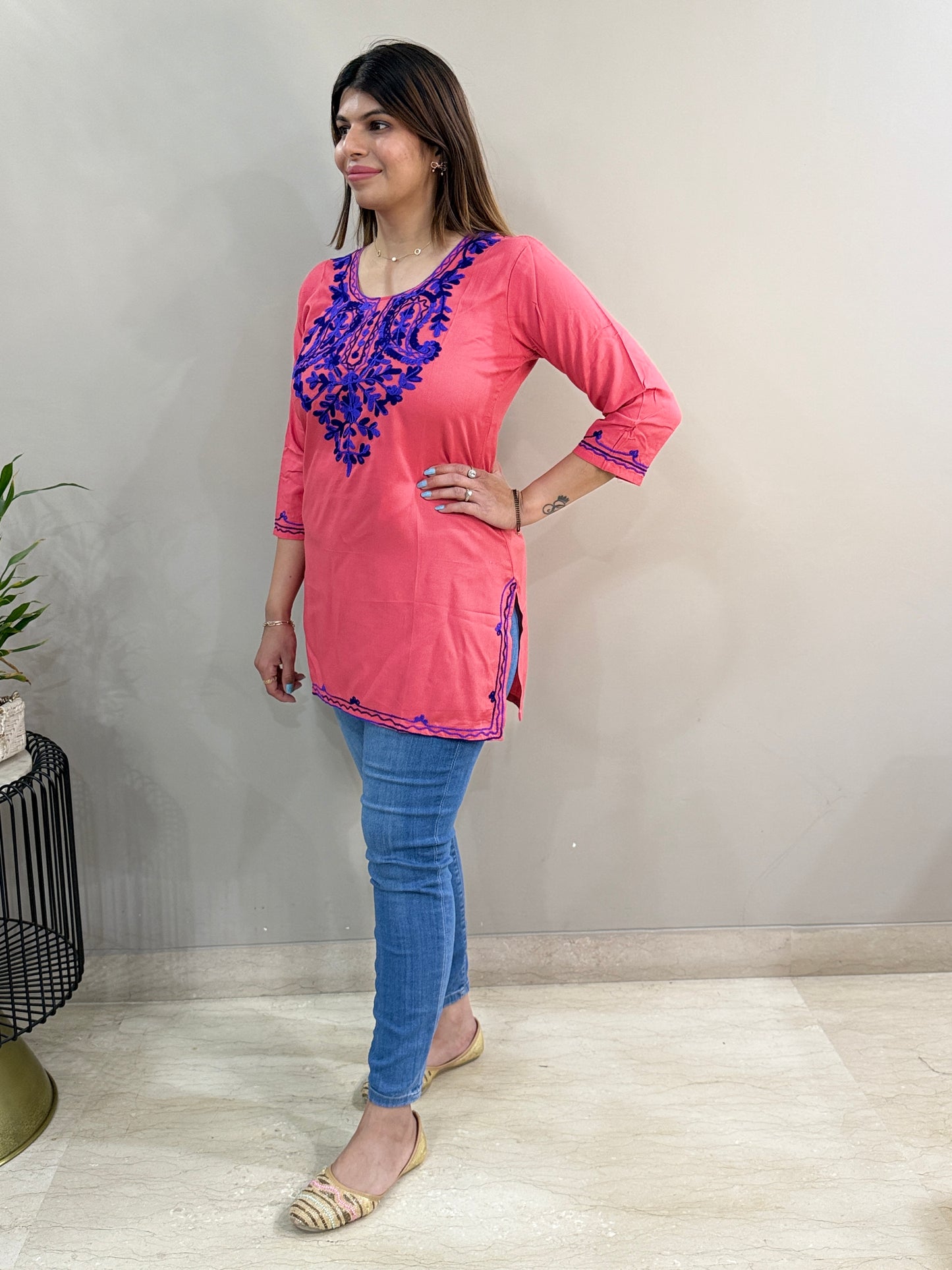Salmon Embroidered Rayon Short Kurti