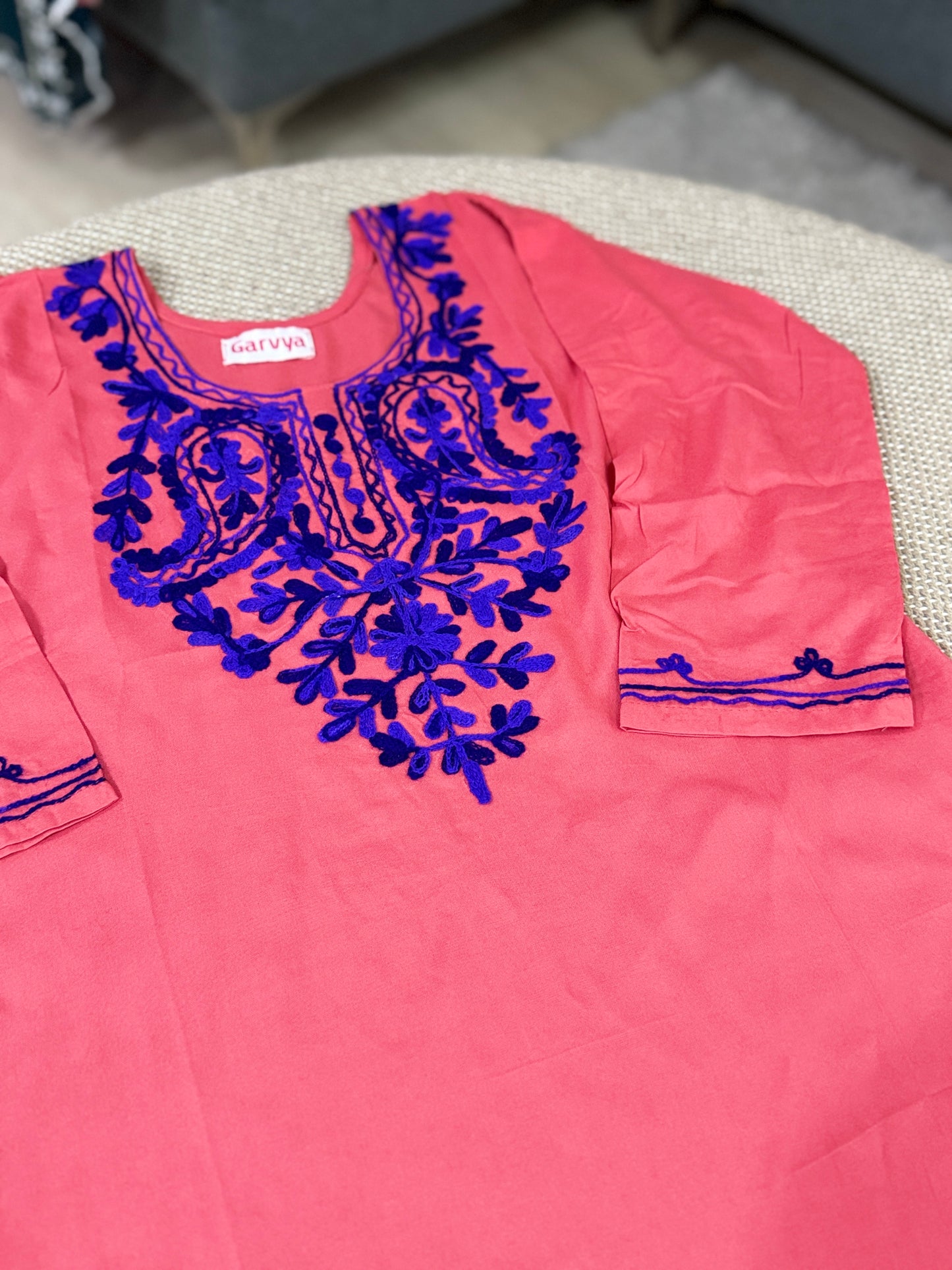 Salmon Embroidered Rayon Short Kurti