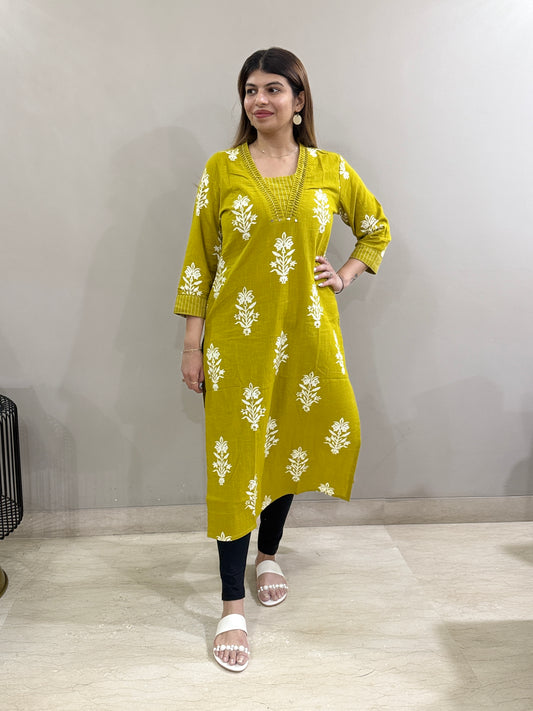 Dark Mustard Cotton Floral Kurti