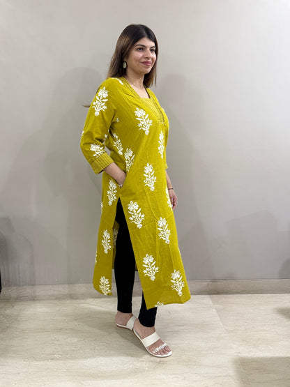 Dark Mustard Cotton Floral Kurti