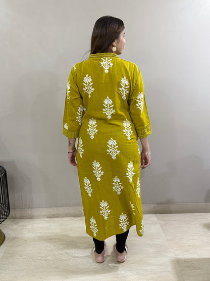 Dark Mustard Cotton Floral Kurti