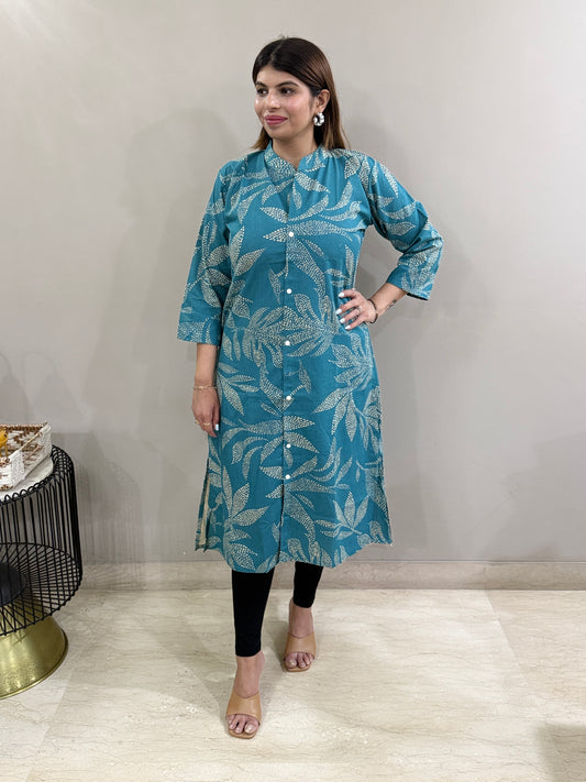 Flex Cotton Blue Floral A line Kurti