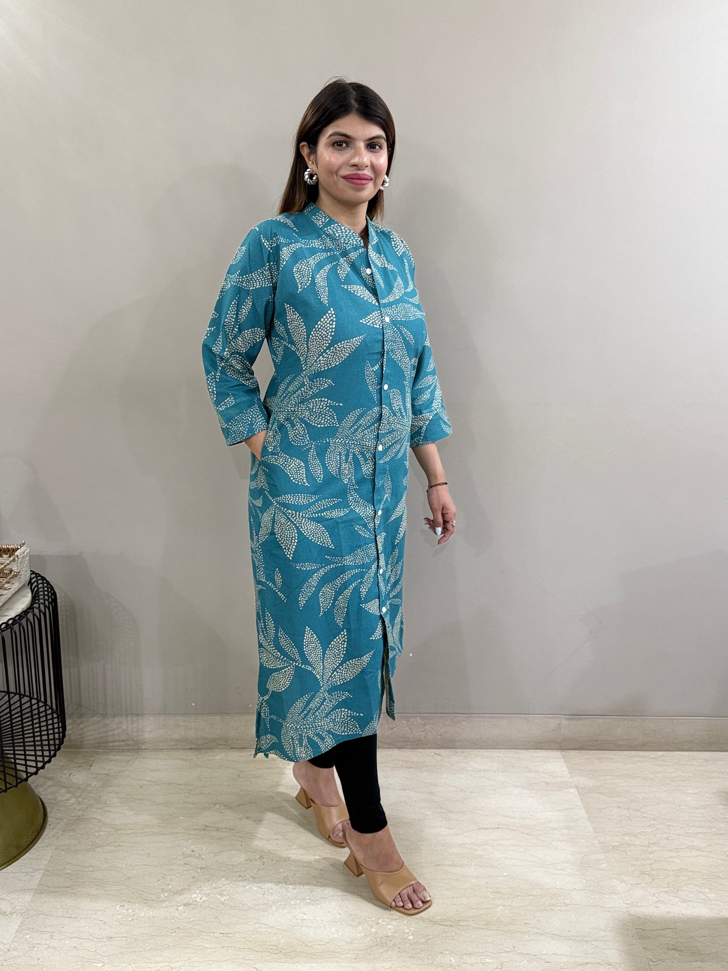 Flex Cotton Blue Floral A line Kurti